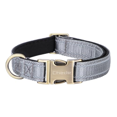 CHEDE Reflective Dog Collar,Metal Buckle Soft Neoprene Padded Breathable Nylon Pet Collar Adjustable for Small Medium Large Boys Girls Dogs (Grey, Small)