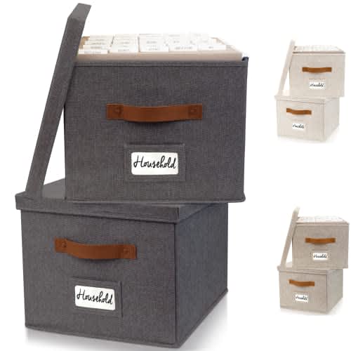 ZICOTO Caja organizadora decorativa de archivos, juego de 2 archivadores plegables de lino con asas, son perfectos para almacenar todos tus documentos y carpetas de archivos colgantes, cajas