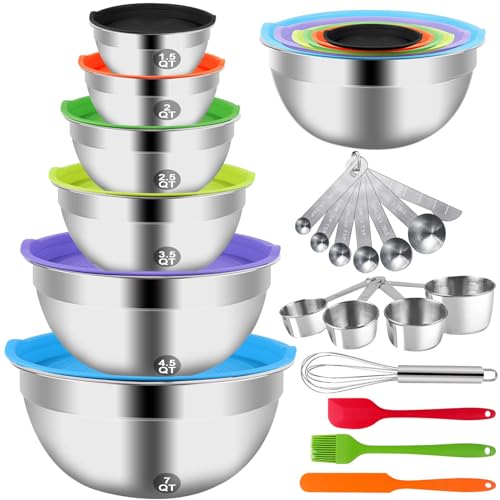 WEPSEN Cuencos para mezclar con juego de tapa, 27 utensilios de cocina, cuencos de metal de acero inoxidable, tazas medidoras y cucharas, batidor de huevos para hornear