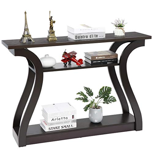 SUPER DEAL Mesa de consola estrecha de 3 niveles para sofá, mesa de entrada de madera, mesa de pasillo decorativa con estantes, marco curvado para sala de estar, puerta delantera, entrada, 47