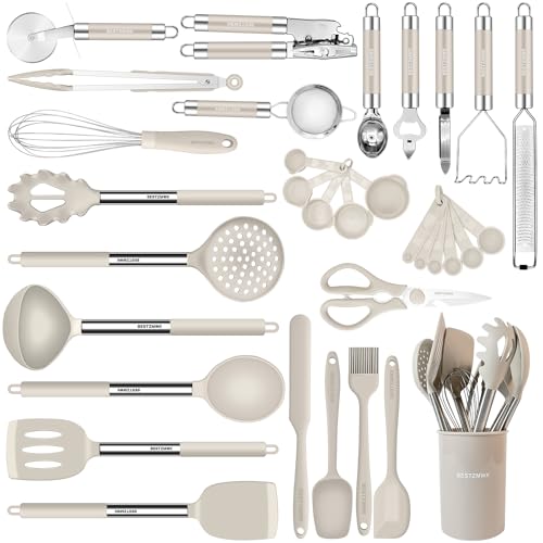 Juego de utensilios de cocina de silicona, 32 piezas de utensilios de cocina de silicona antiadherente, juego de espátula con soporte, los mejores utensilios de cocina de cocina con mango de acero