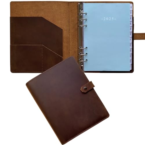 2025 Leather Planner - A5 Genuine Leather 6-Ring Binder Planner with Weekly Pages for Men and Women, Inner Pockets and Pen Holder, Refillable