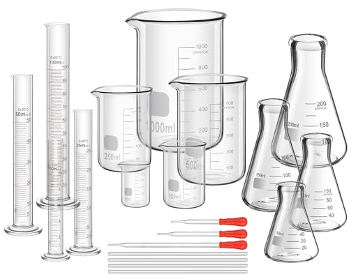 Frienda 20 piezas de cristalería de laboratorio incluyen 4 cilindros graduados, 4 vasos de vidrio, 3 cuentagotas de vidrio, 4 varillas de agitación, 5 tazas medidoras para equipos de laboratorio,