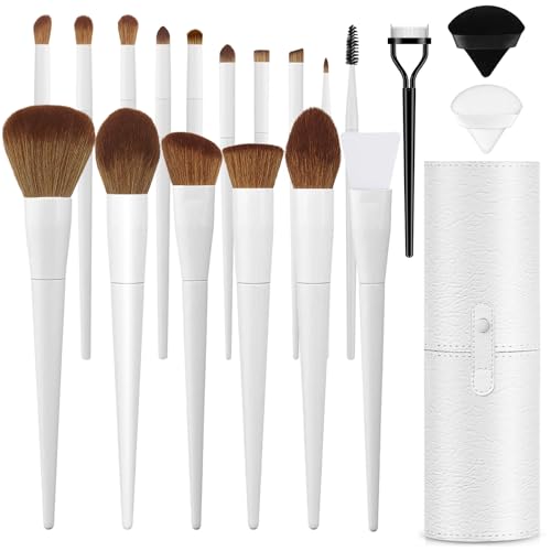 LUXBRU Makeup Brushes With Case 20PCs Professional Makeup Brush Set, Foundation Powder Eyeshadow Brush Set Eyebrow Concealer Contour Travel Brushes Kit with Holder & 2 Powder Puff-White