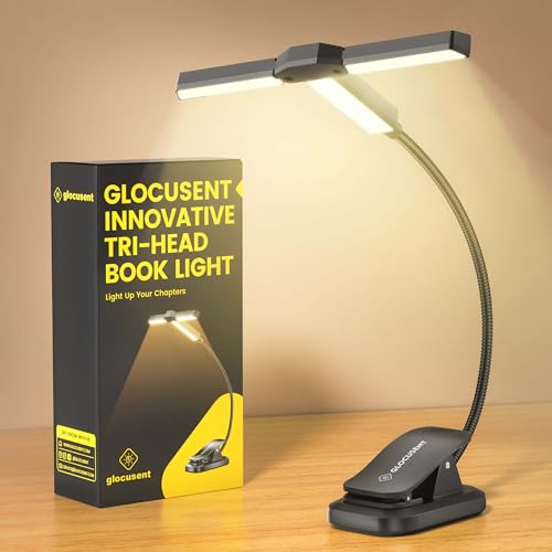 Glocusent Innovadora luz de libro de tres cabezales para leer en la cama, 3 colores y 5 niveles de brillo, luz de lectura recargable de 1000 mAh con temporizador de 30 minutos, 10-100 horas, amigable