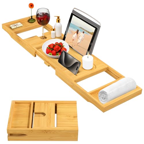 Bambüsi Bathtub Tray - High-Grade Bath Tub Tray Wood with Expandable Sides, Bamboo Bath Tray Caddy for Books, Tablets & Wine Glasses - Luxury Gifts for Women Christmas, Bathroom Accessories & Gifts