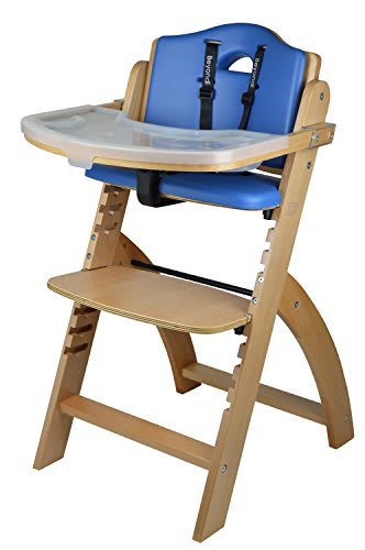 Abiie Beyond Junior Wooden High Chair with Tray - Convertible Baby Highchair - Adjustable High Chair for Babies/Toddlers/6 Months up to 250 Lbs - Stain & Water Resistant Natural Wood/Blue Cushion