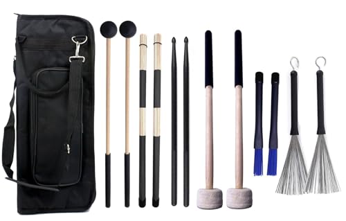 TUOREN Large Drum Sticks Bag with 6 Pair Drum Stick and Mallet Set Nylon Drum Sticks, Bamboo Jazz Drum sticks, Retractable Drum Wire Brushes, Bass Drum Mallet for Jazz Folk Rock Band Drummers