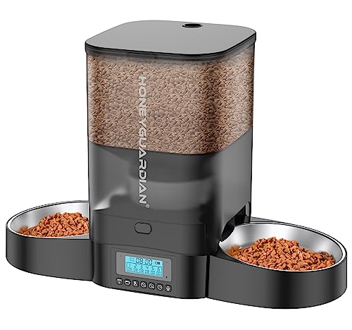 HoneyGuaridan 3.5L Automatic Cat Feeder for Two Cats, Cat Food Dispenser with Stainless Steel Bowl,Timed Cat Feeder Programmable 1-6 Meals Control, Dual Power Supply,10s Meal Call Black