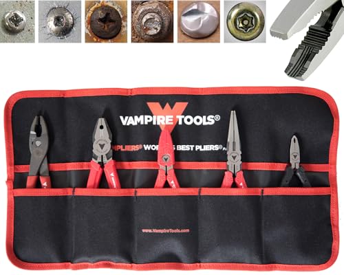 VAMPLIERS 5-Piece Screw Extractor Pliers Set. Made in Japan: 8" Linesman, 7.5" Needle Nose, 7" Slip Joint, 6.25", 5" Mini Pliers + Rolling Tool Pouch. Stripped Screw Removal Tools