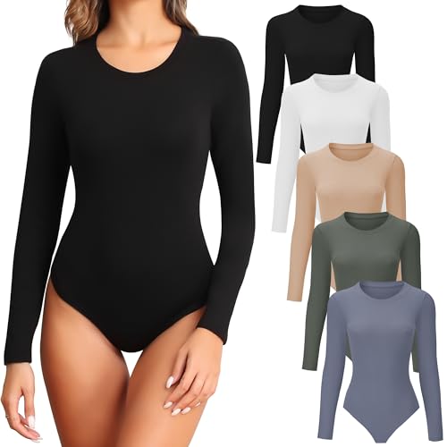 TVKSOM Paquete de 4/5 mamelucos de manga larga para mujer, cuello redondo, casual, básico, elástico, trajes de cuerpo, Paquete de 5 Negro Blanco Desnudo Verde Oliva Azul Oscuro