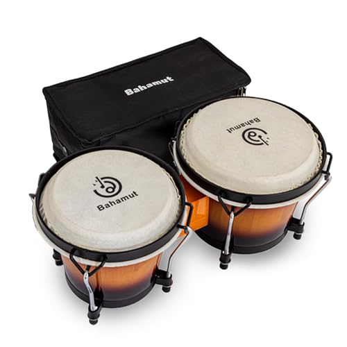 BAHAMUT Juego de batería Bongo, Bongos de madera de 6 + 7 pulgadas para adultos y niños principiantes, percusión ideal para educación y práctica, viene con llave de afinación y bolsa impermeable