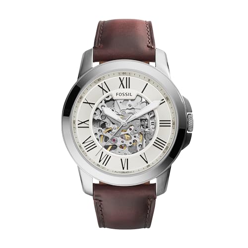 Fossil Men's Grant Automatic Stainless Steel and Leather Three-Hand Watch, Color: Silver, Brown (Model: ME3099)