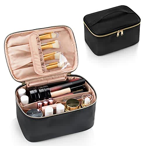 OCHEAL Bolsa de maquillaje, bolsa de cosméticos portátil, organizador de maquillaje de viaje de gran capacidad, color negro para mujeres, bolsa de aseo para niñas que viajan con asa y divisor