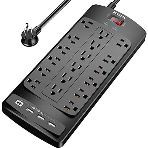 Regleta protectora de sobretensiones de 18 tomas – Cable de extensión de enchufe plano de 6 pies resistente con 18 tomas amplias y 4 puertos USB, 2100 julios, negro, certificación ETL