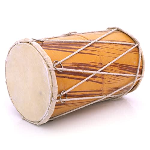 Juego de tambores de mesa folclóricos indios clásicos hechos a mano de madera y cuero, instrumentos musicales mundiales, Punjabi Dhol Dholak Dholki, 10 x 6 pulgadas, divertidas ideas de regalo de