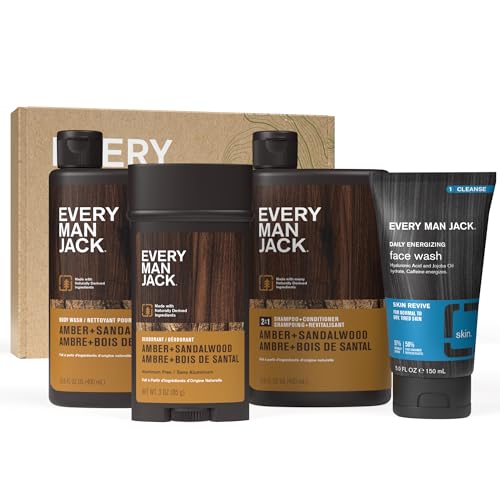 Every Man Jack Men’s Amber + Sandalwood Bath and Body Gift Set - Clean Ingredients & Sandalwood, Amber, and Vetiver scent - Round Out His Routine with Body Wash, 2-in-1 Shampoo, Deodorant & Face Wash