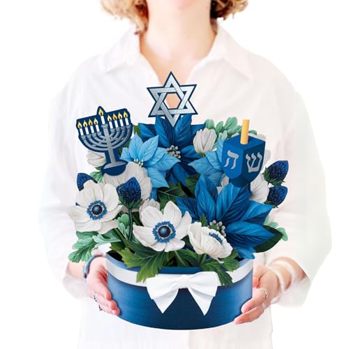 Freshcut Paper Pop Up Cards, Hanukkah Wishes 12 inch Paper Flower Bouquet Greeting Cards with Blank Note Card & Envelope, Holiday Cards, Hanukkah Cards