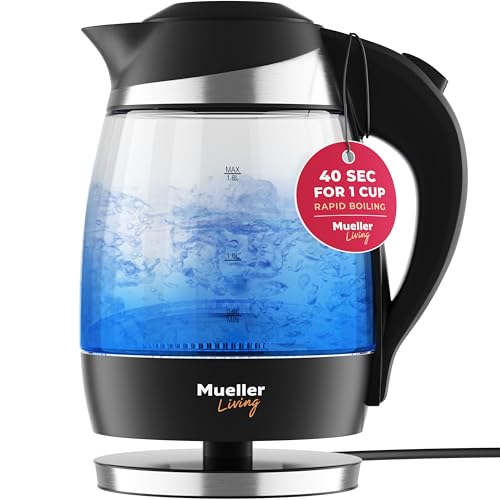 Mueller - Hervidor de agua eléctrico de calidad superior de 1500 W con tecnología SpeedBoil, inalámbrico de 1.8 litros (1.9 cuartos) con luz LED, vidrio de borosilicato, sin BPA con apagado automático y protección de secado por ebullición