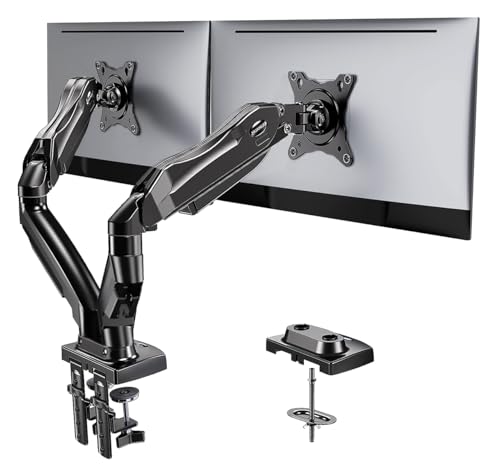 HUANUO Soporte para monitor doble, soporte giratorio de escritorio ajustable completo con abrazadera C, base de montaje con ojales para pantallas de computadora de 13 a 32 pulgadas, cada brazo tiene