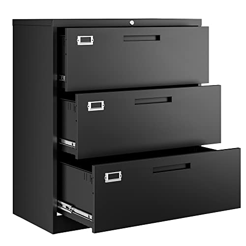 Letaya Lateral 3 Drawer File Cabinets with Lock, Metal Filing Storage Vertical Cabinets,Home Office Furniture for Organization Hanging Letter/Legal/F4/A4(Black)