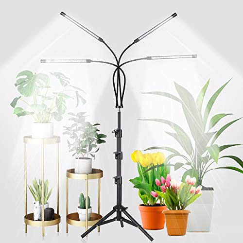 GHodec - Luz de cultivo de 4 cabezales con soporte, 80 LED 5500K, luz de espectro completo para plantas de interior, 5 niveles regulables y temporizador de encendido/apagado automático, soporte de trípode ajustable de 15 a 48 pulgadas