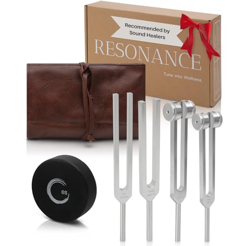 Resonance Tuning Forks for Healing Set - Weighted & Unweighted Tuning Fork Set Including 128Hz, 136Hz, 256Hz, 384Hz & Hockey Puck Activator - Chakra Sound Therapy Instruments in a Vegan Leather Pouch