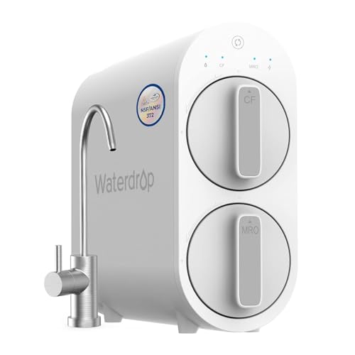 Waterdrop - Sistema de ósmosis inversa, sistema de filtro de agua Ro sin tanque, sistema de filtración de agua de 7 etapas, 400 GPD, relación 1:1 de pureza a drenaje, reduce los TDS, listado FCC, con tecnología de EE.UU. y canilla de níquel pulido, WD-G2-W, color blanco