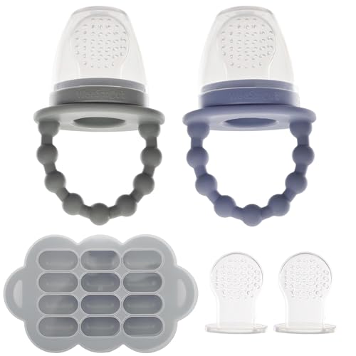 WeeSprout Silicone Baby Food Feeders + Freezer Tray for Batch Prep, Set of 2, Introduce New Foods Safely, Double as Teething Toys, Includes 2 Extra Pouches & Travel Lids, Dishwasher Safe