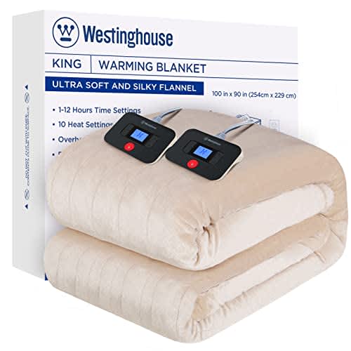 Westinghouse Manta eléctrica tamaño King, manta térmica de franela suave súper acogedora de 100 x 90 pulgadas con 10 niveles de calentamiento rápido y apagado automático 1-12, lavable a máquina,