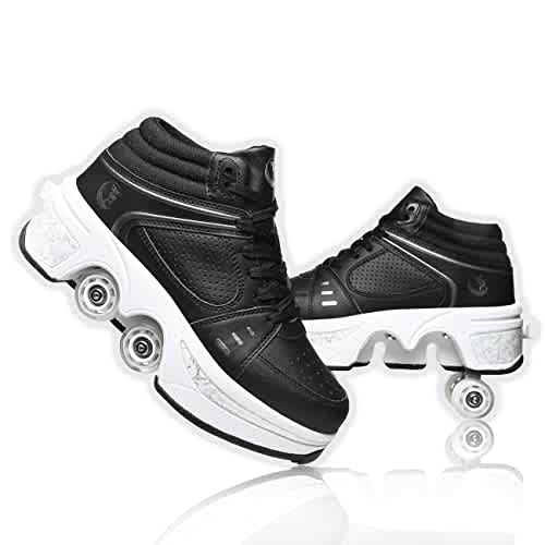 Zapatos de patinaje para mujer, cuatro rondas, patines para niños que se convierten en patines de ruedas, zapatos ligeros para exteriores con ruedas para niñas/niños.., Negro sin luz