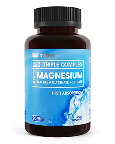 BioEmblem Complejo de magnesio triple, 300 mg de glicinato de magnesio, malato y citrato para relajación muscular, sueño, calma y energía, alta absorción, vegano, sin OMG, 90 cápsulas