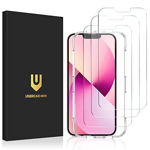 UNBREAKcable Paquete de 3 protectores de pantalla para iPhone 14/13/13 Pro, vidrio templado doble inastillable [marco de fácil instalación] [dureza 9H] [99.99% transparente HD] [compatible con fundas]