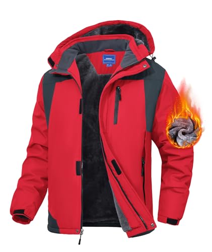 Zoofly Chaqueta de esquí de montaña para hombre, impermeable, forro polar, abrigo de nieve, cálido invierno, resistente al viento, con capucha, Rojo -