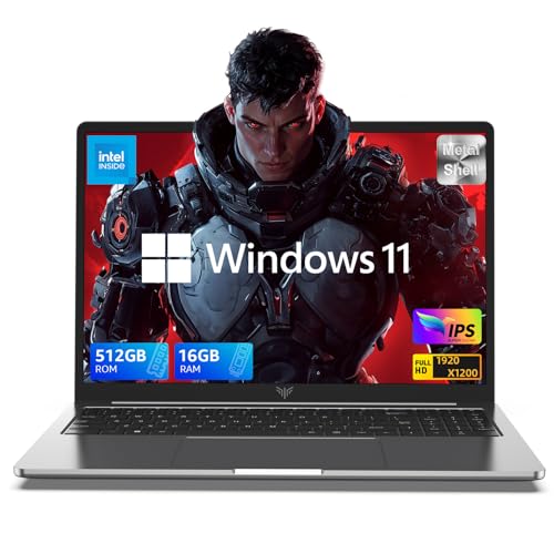 KAIGERR Laptop de 16.0 pulgadas, 16 GB DDR4 512 GB SSD, Windows 11 con procesador Intel 12th Quad-Core (hasta 3.6 GHz), pantalla FHD de 1920P, carcasa metálica, WiFi 6, USB 3.2, tipo C, batería de