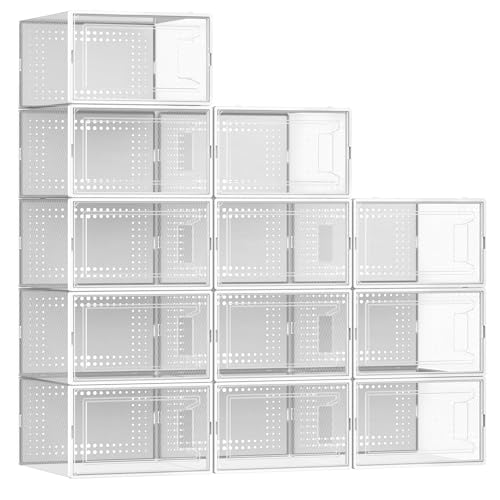 Paquete de 12 cajas grandes organizadoras de zapatos para armario, cajas de zapatos modulares que ahorran espacio, contenedores apilables de plástico transparente con tapas, color blanco