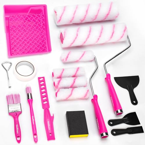 ThinkLearn Paint Roller Kit, Pink Paint Brushes Kit with Paint Tray, 4 & 9 inch Paint Roller Frame and Roller Covers for Painting Walls, Paint Supplies for Home Interior (24Pcs)