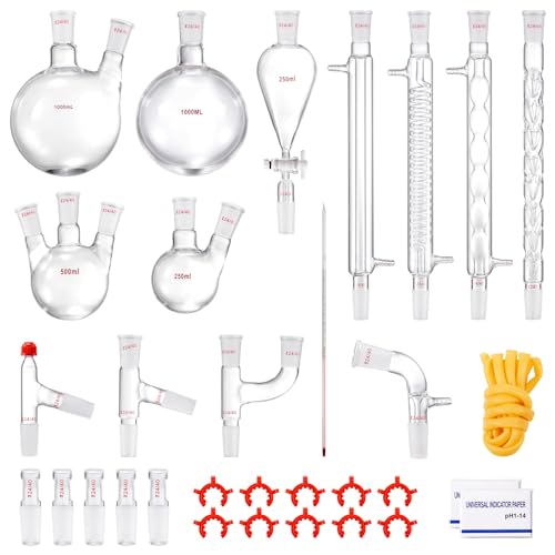 VEVOR Nueva cristalería de laboratorio 24/40 Cristalería de química 32PCS Kit de cristalería de laboratorio de química 250 33.8 fl oz para destilaciones Separación Purificación Synthe(24/40, 32PCS)