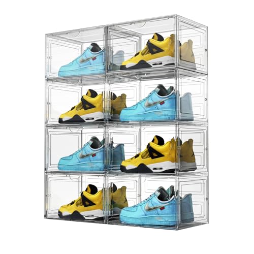 OMOPIN Caja de almacenamiento de zapatos XL, paquete de 8 cajas de zapatos laterales transparentes apilables de plástico transparente, vitrina de exhibición de tenis con puerta magnética para hasta US