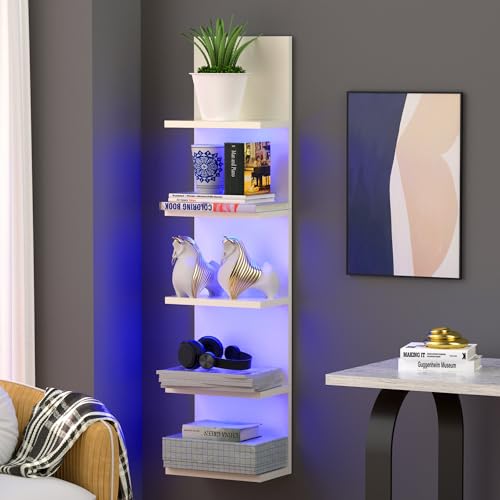 Bloddream Estante de pared de 5 niveles con luz RGB, estante moderno de montaje en pared, estante de columna vertical, organizador flotante para decoración del hogar, estante de utilidad con diseño de