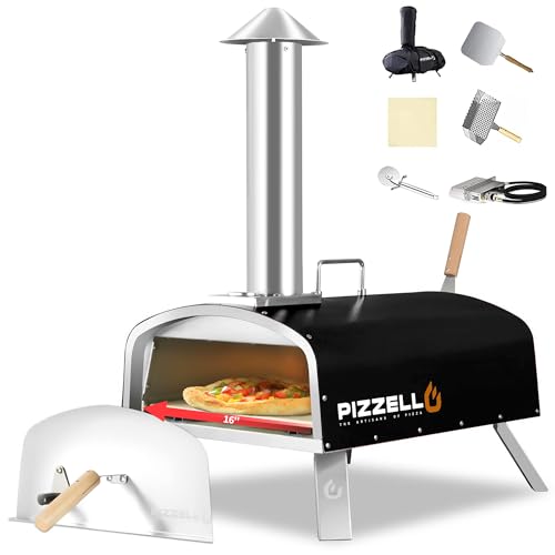 PIZZELLO 16" Outdoor Pizza Oven Propane and Wood Fired Pizza Maker Multi-Fuel Gas Pizza Ovens w/Gas Burner, Pizza Cutter, Pizza Stone, Pizza Peel, Carry Bag, Pizzello Forte Gas (Black)