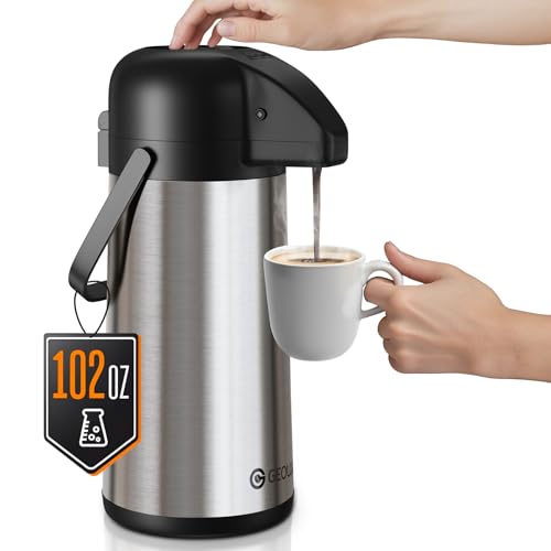 Airpot - Jarra de café para mantener el calor, dispensador de café grande de 102 onzas/3 litros con bomba, urna térmica de acero inoxidable para bebidas calientes, agua, té, chocolate, dispensador