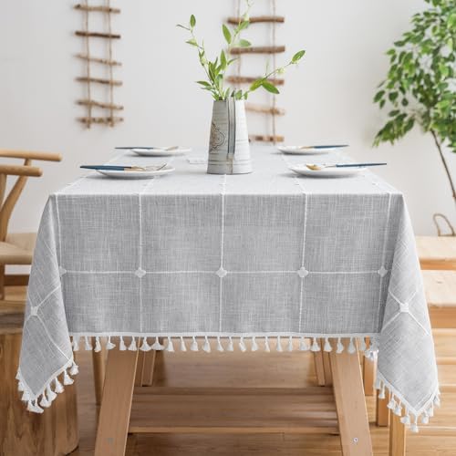 Oubonun Cotton Linen Rectangular Table Cloth, Wrinkle Resistant, Waterproof Tablecloth, Washable Farmhouse Table Cover with Tassels for Kitchen Dining Party, 55''x102'', 8-10 Seats, Grey