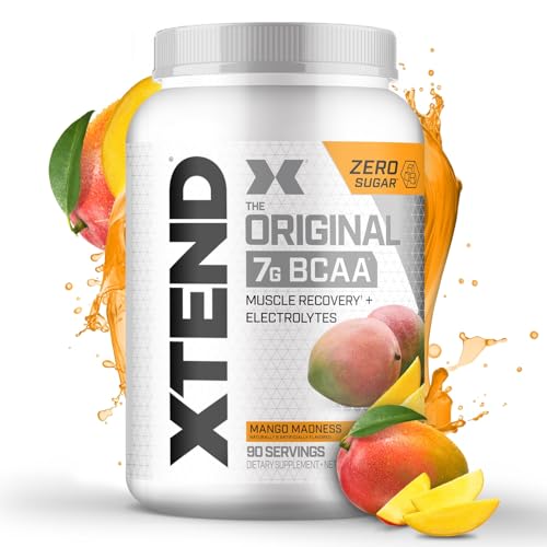 XTEND Original Polvo de BCAA sabor Mango Madness, para bebida de recuperación muscular sin azúcar con aminoácidos, para después del entrenamiento, 7 gramos de BCAA para hombres y mujeres, 90 porciones