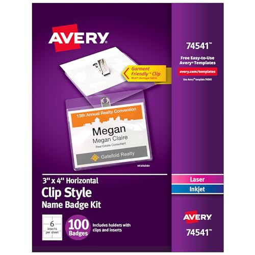 Avery Customizable Name Badges with Clips, 3" x 4", Clear Name Tag Holders with White Printable Inserts, 100 Clip Style Name Badges (74541)