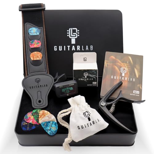 Guitar Accessories Kit by Guitar Lab – Premium Metal Tin with Guitar Strap, Capo, Tuner, Picks for Acoustic, Bass, Electric & Ukulele Guitars – Ideal Guitar Gifts for Men, Beginners, and Pros