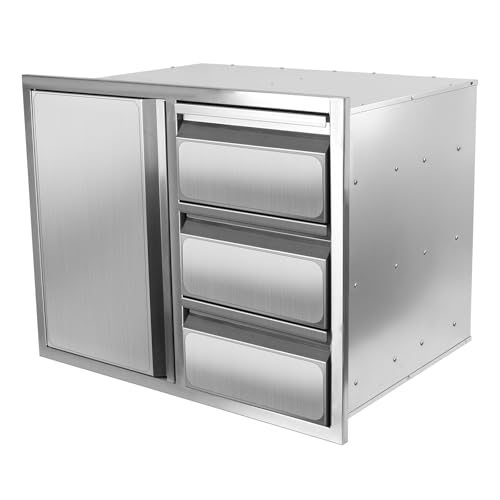 Outdoor Kitchen Drawer Combo, BBQ Access Trash Drawer Combo with Stainless Steel, Outdoor Kitchen for BBQ Island, Grilling Station, Outside Cabinet (28" W x 19.6“D x 20.1" H)（Right Drawer）