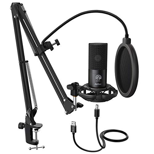 FIFINE Micrófono USB de condensador de estudio, kit de micrófono para computadora con brazo de brazo ajustable, soporte de choque para instrumentos, grabación, podcasting YouTube Vocal Gaming