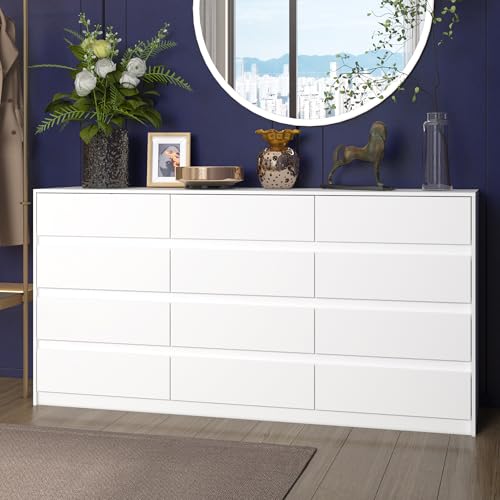 WOODTIME Cómoda con 12 cajones sin asas, cómoda de 63 pulgadas con rieles deslizantes, cómoda doble de madera moderna para dormitorio, sala de estar, color blanco