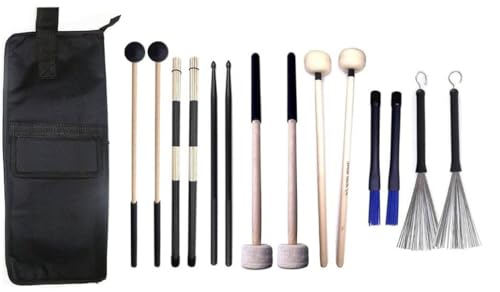 Jiayouy Percussion Drum Stick Bag with 7 Pair Drumsticks Mallets Brushes Set, Drum Mallet Bag with Floor Tom Hooks,Nylon Bamboo Jazz Bass Drum Sticks Retractable Drum Wire Brushes,Hanging Mallet Bag